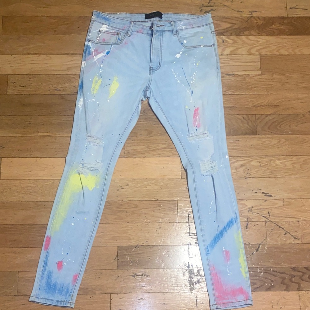 AMIRI Light Blue Multicolor Paint Splatter Skinny Jeans